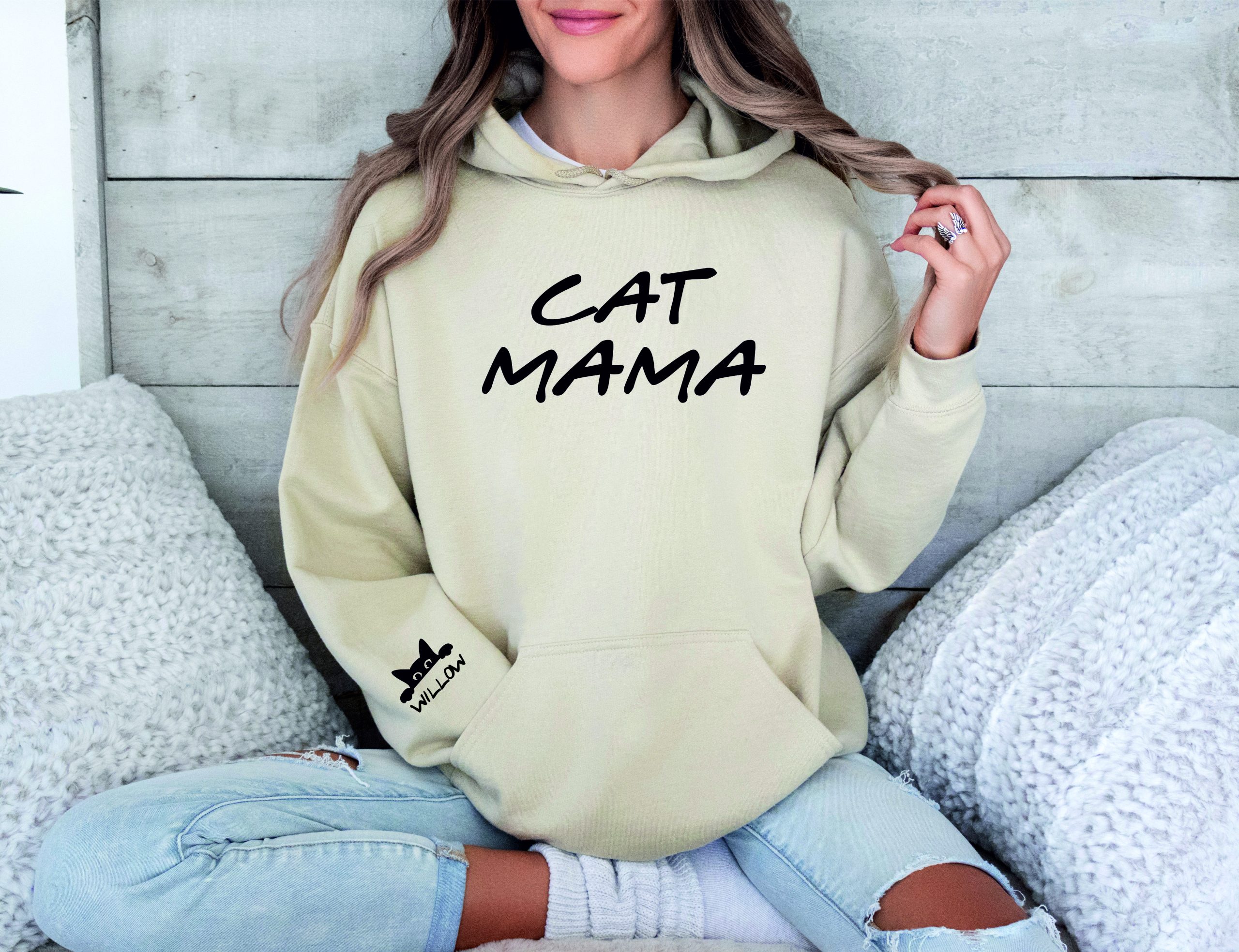 Mama Hoodie Personalised Cat Mama Hoodie Custom Made with Names on the Sleeve, Cat Mama