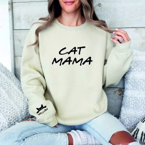 Cat Mama Jumper, Personalised Cat Mama Sweater Custom Made with Names on the Sleeve (MG4)
